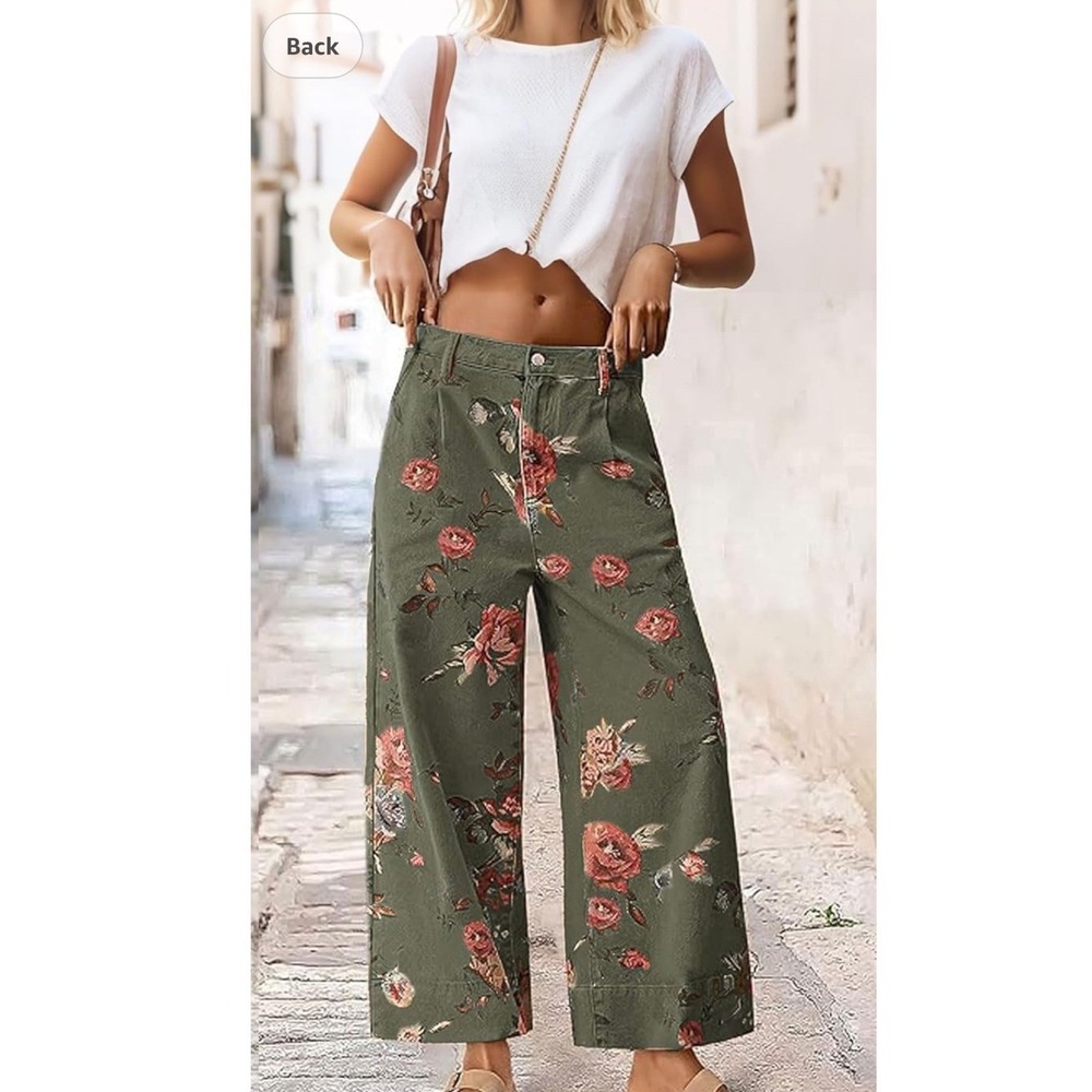 Loveimgs Floral Wide Leg Pants High Waist Womens Large Olive Green Rose Print